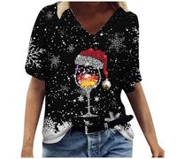 Tee Shirt Noel Femme Manches Courtes Col V Imprime Verre Vin Snowflake Theme Christmas Decontracte Ladies Casual Fashion Christmas Theme Wine Glass Snowflake Print V Neck Short Sleeved T Shirt Top