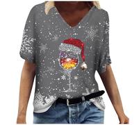 Tee Shirt Noel Femme Manches Courtes Col V Imprime Verre Vin Snowflake Theme Christmas Decontracte Ladies Casual Fashion Christmas Theme Wine Glass Snowflake Print V Neck Short Sleeved T Shirt Top