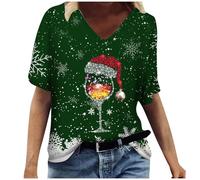 Tee Shirt Noel Femme Manches Courtes Col V Imprime Verre Vin Snowflake Theme Christmas Decontracte Ladies Casual Fashion Christmas Theme Wine Glass Snowflake Print V Neck Short Sleeved T Shirt Top