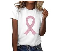 Tee Shirt Octobre Rose Femme Coton Imprimé Ruban Rose Cancer du Sein Tshirt T-Shirts À Manches Courtes Col Rond T Shirts Hauts Chic Et Élégant Été Teeshirt Top
