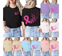 Tee Shirt Octobre Rose Femme Imprimé Devant et Derrière Rose Ruban Octobre T-Shirt Cancer Du Sein Sensibilisation Ruban Rose Tops
