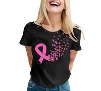 Tee Shirt Octobre Rose Femme, Octobre Rose Tee Shirt À Manches Courtes Col Rond, Cancer du Sein Cadeau Imprimé, T-Shirts Femme Couleur Unie, Noir XL