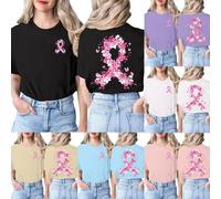 Tee-Shirt Octobre Rose pour Femme Cancer Du Sein Cœur Rose Ruban Imprimé Devant et Derrière Été T-Shirt Manches Courtes Cancer Du Sein Coton Col Rond Haut Lâches Top