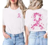 Tee-Shirt Octobre Rose pour Femme Cancer Du Sein Cœur Rose Ruban Imprimé Devant et Derrière Été T-Shirt Manches Courtes Cancer Du Sein Coton Col Rond Haut Lâches Top
