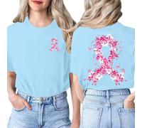 Tee-Shirt Octobre Rose pour Femme Cancer du Sein Cœur Rose Ruban Imprimé Devant et Derrière Été T-Shirt Manches Courtes Cancer du Sein Coton Col Rond Haut Lâches Top