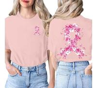 Tee-Shirt Octobre Rose pour Femme Cancer du Sein Cœur Rose Ruban Imprimé Devant et Derrière Été T-Shirt Manches Courtes Cancer du Sein Coton Col Rond Haut Lâches Top