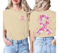 Tee-Shirt Octobre Rose pour Femme Cancer du Sein Cœur Rose Ruban Imprimé Devant et Derrière Été T-Shirt Manches Courtes Cancer du Sein Coton Col Rond Haut Lâches Top