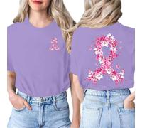 Tee-Shirt Octobre Rose pour Femme Cancer Du Sein Cœur Rose Ruban Imprimé Devant et Derrière Été T-Shirt Manches Courtes Cancer Du Sein Coton Col Rond Haut Lâches Top