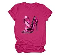 Tee-Shirt Octobre Rose pour Femme T-Shirt De Lutte Contre Le Cancer Talon Haut et Ruban Rose Femme Cancer du Sein Cœur