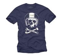 Tee Shirt Originaux Mécanicien Casque Moto avec Skull Bleu Homme XXXXXL