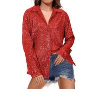 Tee Shirt Paillette Femme Disco 2025 Nouveau Tshirt Revers Manche Longue Tee Shirt avec Bouton T-Shirt De Bal Tshirt Carnaval Haut Sparkling Top Chic Hauts T-Shirt Femme Chic Et Elegant