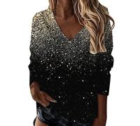 Tee Shirt Paillette Femme Sexy- Haut Grande Taille Femme Col V,Top Dégradé Classique la Grâce Chic Long Sleeve Chemise Sequins Brillant Blouses Oversize Fashion Soirée Fete Magnifique Tunique