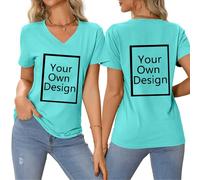 Tee Shirt Personnalisable pour Femmes, concevez Votre Propre Chemise Ajouter du Texte/Image/Logo Personnalisé Photo Imprimée Avant/Arrière, Cadeau Femme Anniversaire, Bleu Ciel M