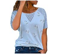 Tee Shirt pour Femme Chemise Patchwork Creux en Dentelle avec Appliques Tops Graphiques D'été à Manches Courtes Et Col Rond Love Print