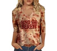 Tee Shirt Sanglante Femme Col en V, Costume Halloween Adulte Manches 3/4 Imprimé ProblèMe Sanglant RéSolu DrôLes Bloody Horreur éClaboussures De Sang Blood VêTements DéContracté Tendance Top