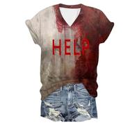 Tee Shirt Sanglante Femme Col en V Costume Halloween Adulte Manches Courtes Imprimé ProblèMe Sanglant RéSolu DrôLes Bloody Horreur éClaboussures De Sang Blood VêTements Rétro Tendance Top