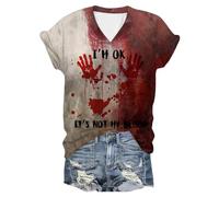 Tee Shirt Sanglante Femme Col en V, Déguisement Halloween Femme Imprimé Problème Sanglante Résolu à Manches Courtes Haut éclaboussures de Sang Blood Vêtements Cadeau Bloody Décontracté Chic Top