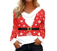 Tee Shirt Seconde Peau Femme T-Shirt Festif à Manches Longues imprimé avec Faux col Confortable pour Une Tenue de fête Pendant Les fêtes de Fin d'année(Red,S)