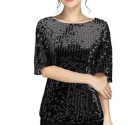 Tee Shirt Sequins Femme, Chemise Manche Courte Femme Deguisement Annee 80 Femme Chemisier Femme pour Les Fetes Tshirt Année 80 Femme Tshirt Maille Femme Haut Resille Vert Fluo Tenue Disco Femme Chic