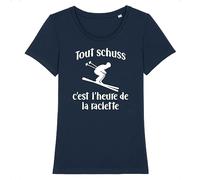 Tee Shirt Ski Tout schuss - pour Femme - Imprimé en France - Coton 100% Bio - Cadeau Humour Montagne Original Rigolo (Marine, L)