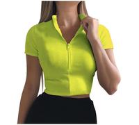 Tee Shirt Sport Femme Manches Courtes- Crop Top Sexy Col Roulé avec Zippée Coupe Slim Montrant Le Nombril Décontracté Haut Couleur Unie Chic Nouveau Style pour De Tous Les Jours Fitness Yoga