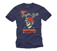 Tee Shirt Tete de Mort avec Casque Moto - Psycho by Birth - Biker Tshirt Motoard Humour Homme Bleu M