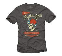 Tee Shirt Tete de Mort avec Casque Moto - Psycho by Birth - Biker Tshirt Motoard Humour Homme Gris XXXXL