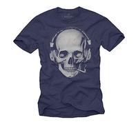 Tee Shirt Tete de Mort Homme - Swag Musique Rock Skull avec Casque Bleu S