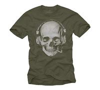 Tee Shirt Tete de Mort Homme - Swag Musique Rock Skull avec Casque Vert XXXL