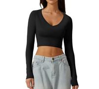 Tee Shirt Thermique Femme Fashion Uni Crop Top Manches Longues Col V Élastic Moulant Sexy Sport