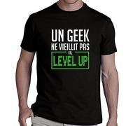 Tee Shirt Un Geek ne vieillit Pas il Level up - 100% Coton - Luxe - Noir - L