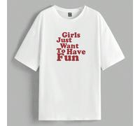 Tee-shirts oversize coupe ample avec une imprimé minimaliste casual et un col rond, manches courtes, convient pour l'été, les filles veulent juste s'amuser 0XL,1XL,2XL,3XL,4XL,5XLLettres,SloganTissu t