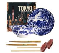teeblume TOKYO Design Wa Crane & Waves Set de bols en porcelaine japonaise avec motif grue et vagues Ø 20,5 cm, hauteur 8 cm, 1200 ml Coffret cadeau avec baguettes et cuillère en bois