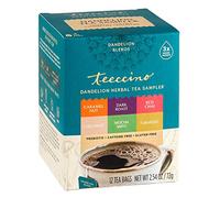 Teeccino Échantillon de thé au pissenlit - Caramel, noix de coco, torréfaction foncée, menthe moka, chai rouge, curcuma - Tisane torréfiée sans caféine et préb