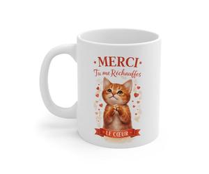 Teecustom Mug Chat Amour - Merci Tu Me Réchauffes Le Cœur - Tasse Cadeau Mignon avec Chat et Cœurs - Idée Cadeau