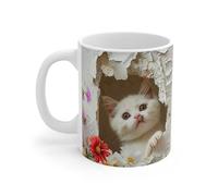 Teecustom Mug Chat Blanc 3D - Tasse Céramique 325ml - Chaton Curieux et Fleurs Colorées - Compatible Micro-Ondes et Lave-Vaisselle