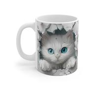 Teecustom Mug Chat Blanc 3D - Tasse Céramique 325ml - Design Chaton aux Yeux Bleus et Fleurs Blanches - Compatible Micro-Ondes et Lave-Vaisselle