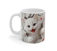 Teecustom Mug Chat Blanc 3D - Tasse Céramique 325ml - Design Chaton Réaliste et Fleurs Roses - Compatible Micro-Ondes et Lave-Vaisselle
