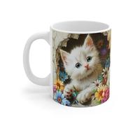 Teecustom Mug Chat Blanc aux Yeux Bleus 3D - Tasse Céramique 325ml - Chaton Fleuri Réaliste - Compatible Micro-Ondes et Lave-Vaisselle
