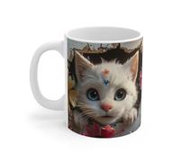 Teecustom Mug Chat Blanc Fleurs 3D - Tasse Céramique 325ml - Design Chaton aux Yeux Bleus et Fleurs Colorées - Compatible Micro-Ondes et Lave-Vaisselle