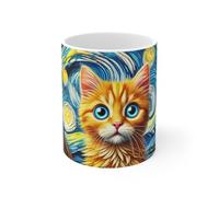 Teecustom Mug Chat Roux Art Nuit Étoilée Tasse Chat aux Yeux Bleus Style Van Gogh Cadeau Artistique & Fantaisie