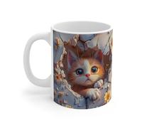 Teecustom Mug Chaton Roux et Blanc 3D - Tasse Céramique 325ml - Design Chat Mignon et Fleurs Jaunes - Compatible Micro-Ondes et Lave-Vaisselle