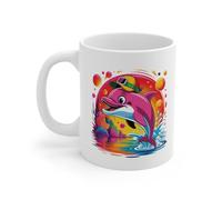 Teecustom Mug Dauphin Rose Kawaii - Tasse Dauphin Tropical Arc-en-Ciel - Design Marin Coloré et Féérique - Cadeau Original pour Amoureux des Dauphins et de l’Océan - Céramique 325ml