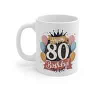 Teecustom Mug Happy 80th Birthday -Tasse Anniversaire 80 Ans avec Ballons Pastel & Couronne Cadeau Touchant et Festif