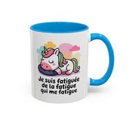 Teecustom Mug “Je suis fatiguée de la fatigue qui me fatigue” - Tasse Licorne Humoristique - Cadeau Drôle Femme - Café Thé - 325 ml Noir Bleu Rouge (Bleu)