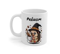 Teecustom Mug Personnalisé Chat Sorcier Halloween 325ml - Tasse Céramique Prénom Chat Noir et Café - Cadeau Original Fête d’Halloween (Hérisson)