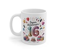 Teecustom Tasse 16 Ans Joyeux Anniversaire - Mug Ado Fille ou Garçon - Design Festif avec Ballons & Gâteaux