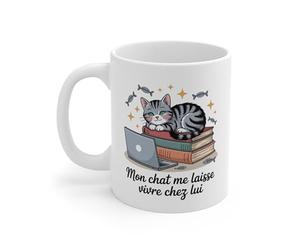 Teecustom Tasse Chat Humour - Mug Mon Chat Me Laisse Vivre Chez Lui - Cadeau Mignon Amoureux des Chats 325ml Céramique