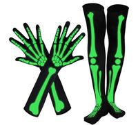 Teegxddy 1 Ensemble Gants et Bas Squelettes Longs pour Halloween,Accessoires de Fête de Bal,Fluorescence Gants Longs et Bas Hauts au Genou,Décorations d'horreur d'Halloween（Lumineux）
