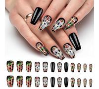 Teegxddy 24 Pièces Crâne Noir Faux Ongles Autocollants - Autocollants Décoratifs pour Ongles d'Halloween,Pour Femme et Fille Nail Art